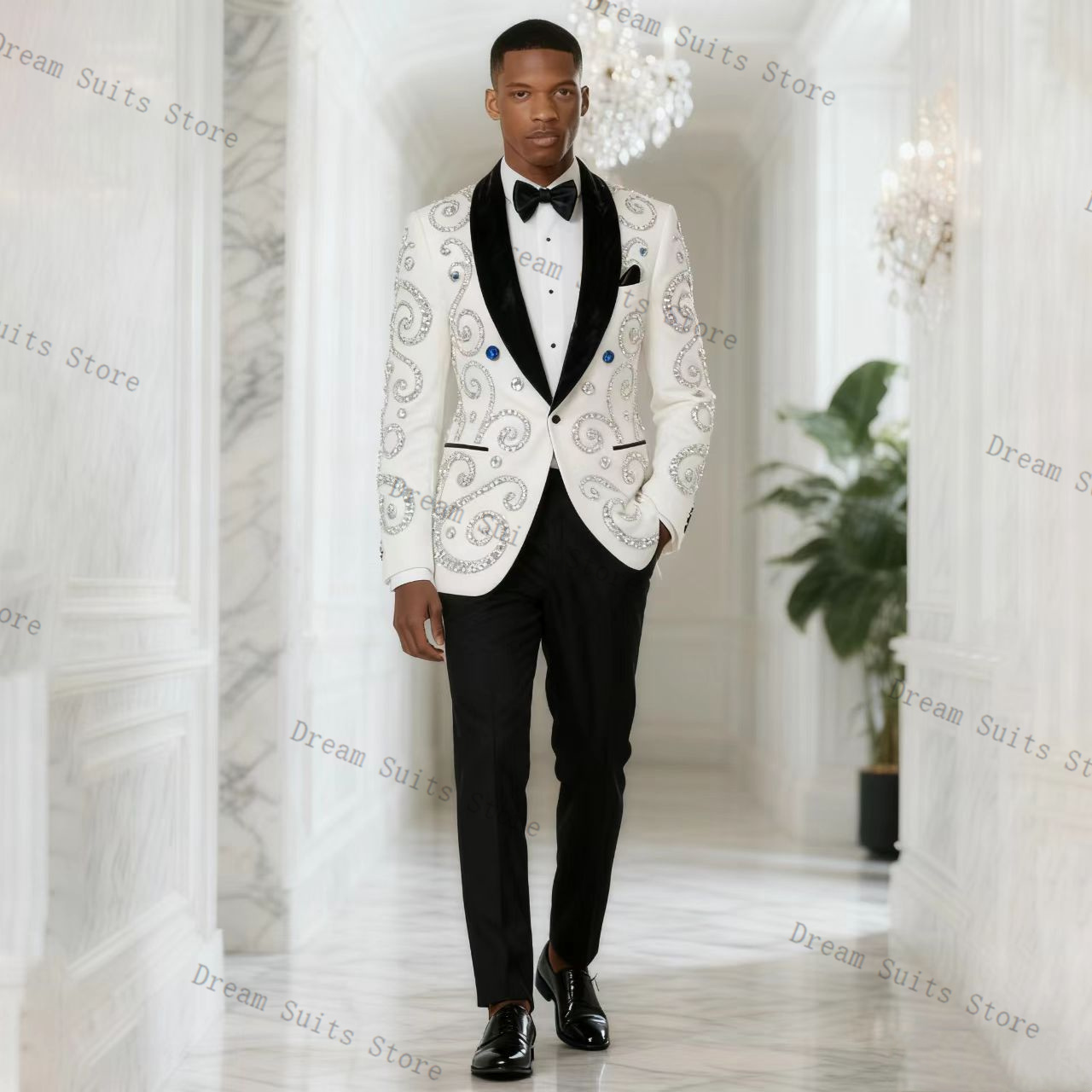 Men Formal Wear Black And White - Мужской костюм-двойка: пиджак + черные брюки,